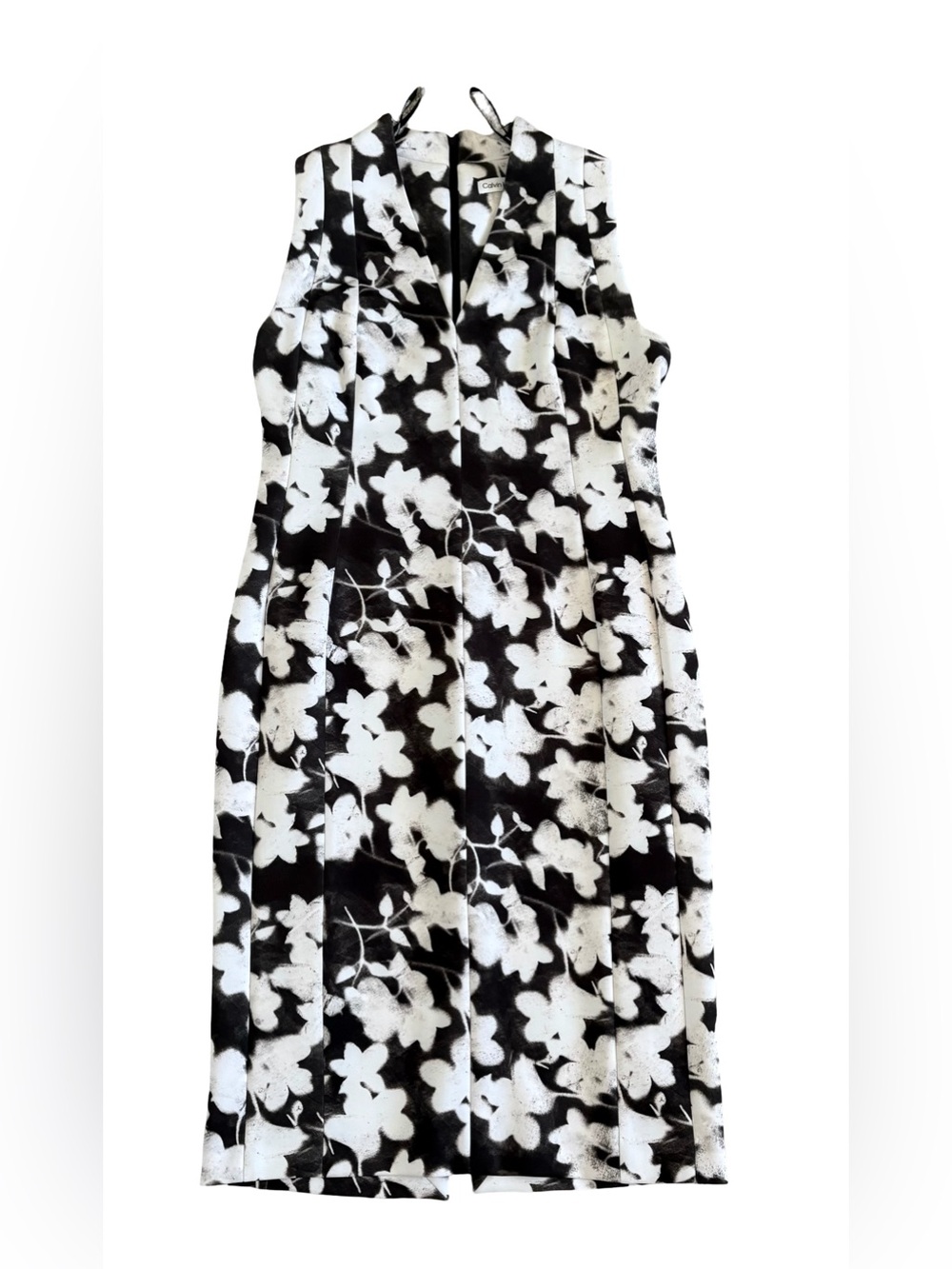 Calvin Klein Black and White Floral Sleeveless V-Neck Sheath Midi Dress